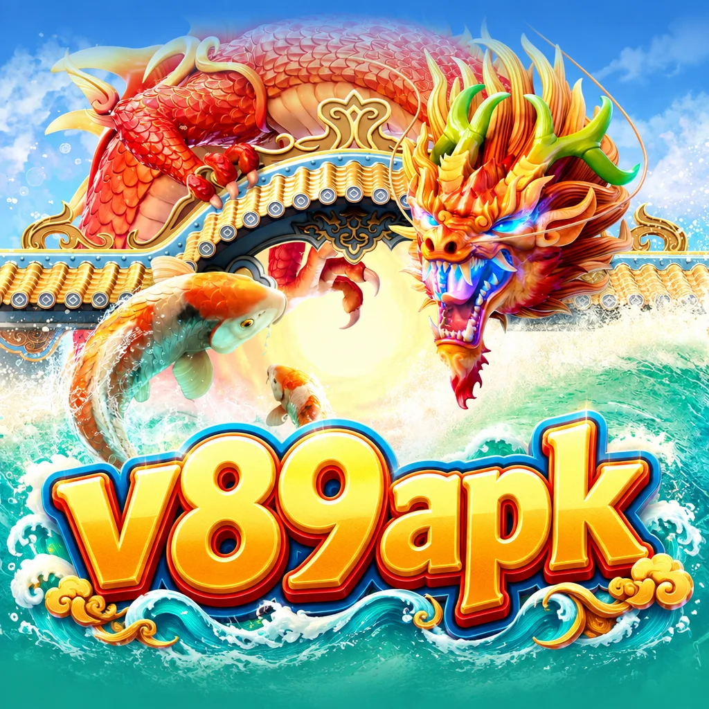 v89apk dengan ilustrasi naga oriental emas dan merah serta ikan koi melompat di atas ombak