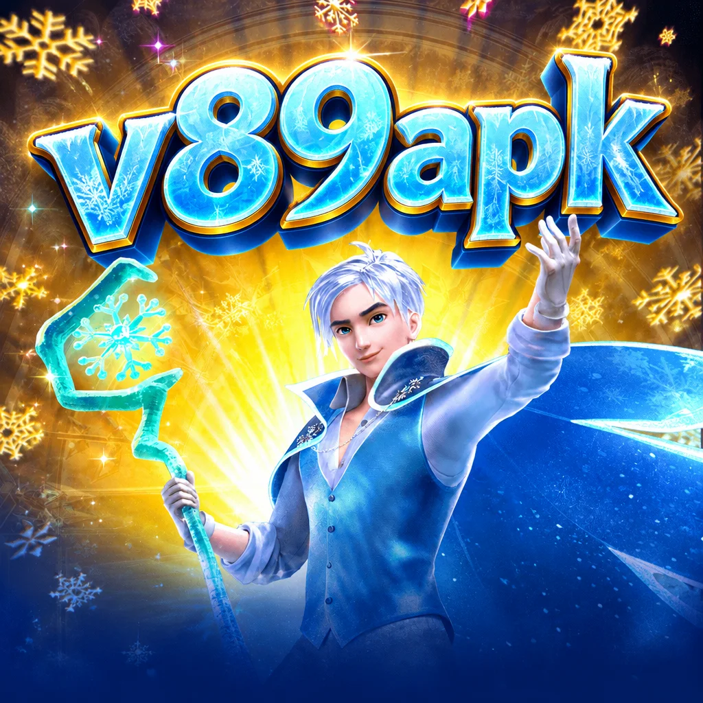 v89apk menampilkan karakter Jack Frost berambut perak memegang tongkat es dengan latar kepingan salju