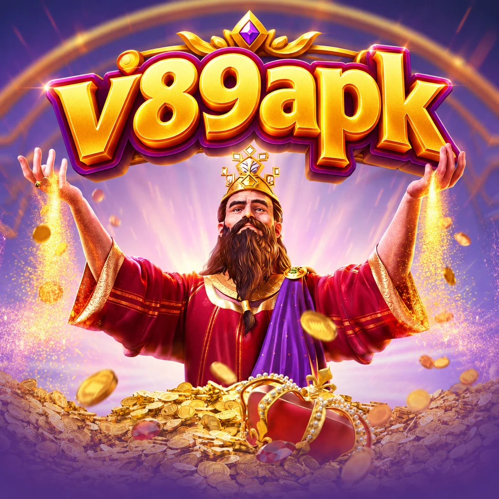 v89apk memperlihatkan Raja Midas dalam balutan emas dan elemen bertema kekayaan mitologi Yunani